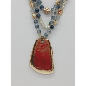 Signed Jules B Multi Strand Bead Large Pendant Statement Necklace Smoky Blue